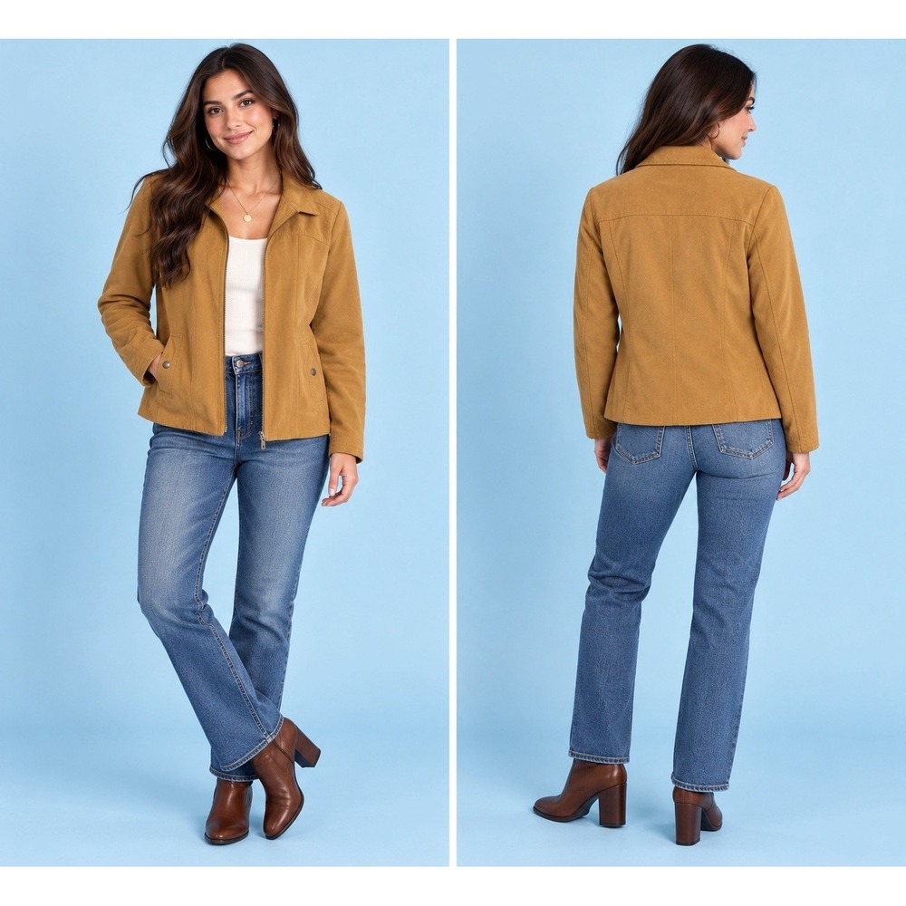 Studio Works Women's 14 Faux Suede Camel Tan Front Zip Lined Shoulder Pads Y2K